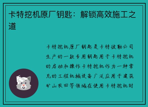 卡特挖机原厂钥匙：解锁高效施工之道